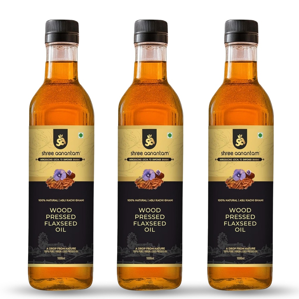 Shree Aanantam 100% Pure Organic Cold Pressed Flax Seed Oil - 1 Litre,High in Omega 3-6-9 (Pack of 3)