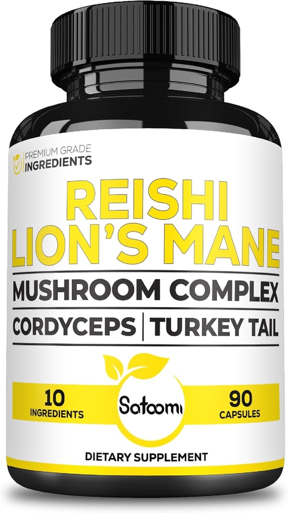 Satoomi Reishi Complement Complex 5000Mg - 10in1 Combiné avec Lions Mane, Cordyceps Sinensis, Chaga Mushroom et autres - 90 Capsules pendant 3 mois