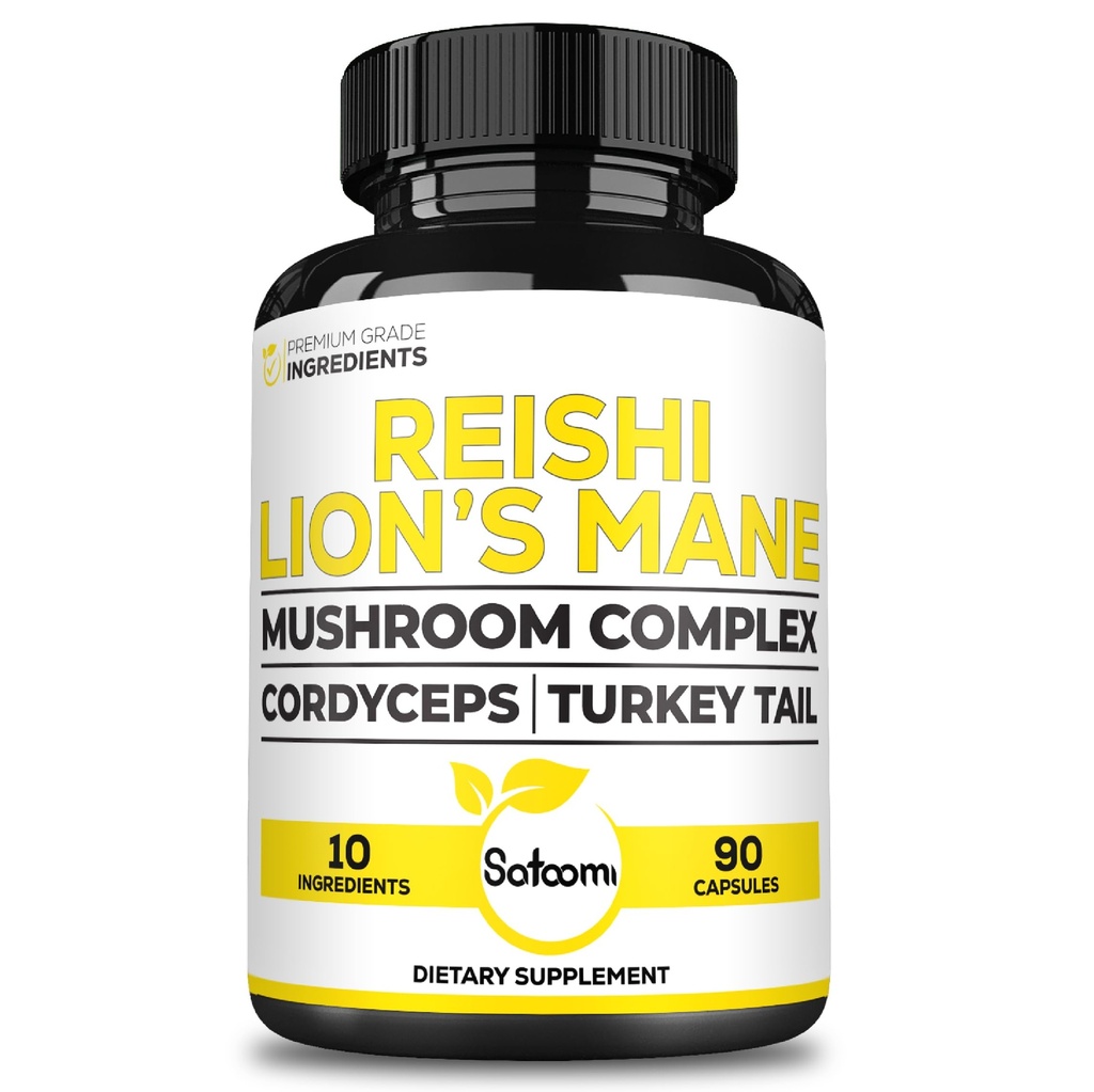 Satoomi Reishi Complement Complex 5000Mg - 10in1 Combiné avec Lions Mane, Cordyceps Sinensis, Chaga Mushroom et autres - 90 Capsules pendant 3 mois