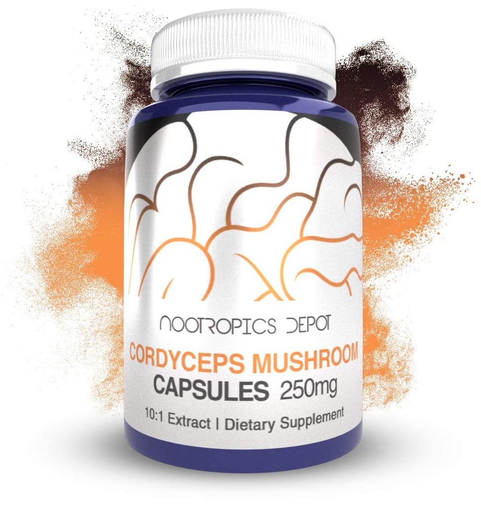 Nootropics Dépôt Cordyceps Mushroom Capsules de 10:1 Extrait du corps entier de fruits de 250mg.60 Comte.