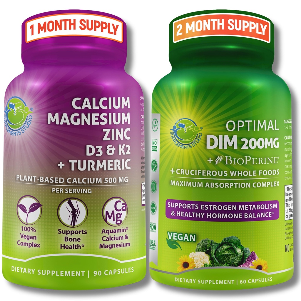 Ensemble de soutien osseux et hormonaux – DIM 200mg avec BioPerine® et légumes crucifères + Calcium à base végétale 500mg, Magnésium, Zinc, D3, K2 & Turmeric – Vegan, non-OGM, Clean Daily Wellness Support