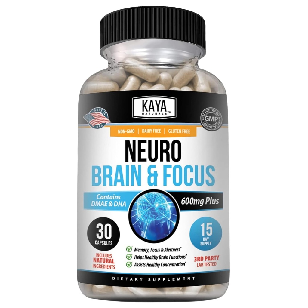 Kaya Naturals - Neuro Brain for Memory & Focus - Nootropic Energy Capsule - Nootropic Brain Support Supplément - Focus & Concentration & Apprentissage Précision - Fonction cognitive - 30 Compte