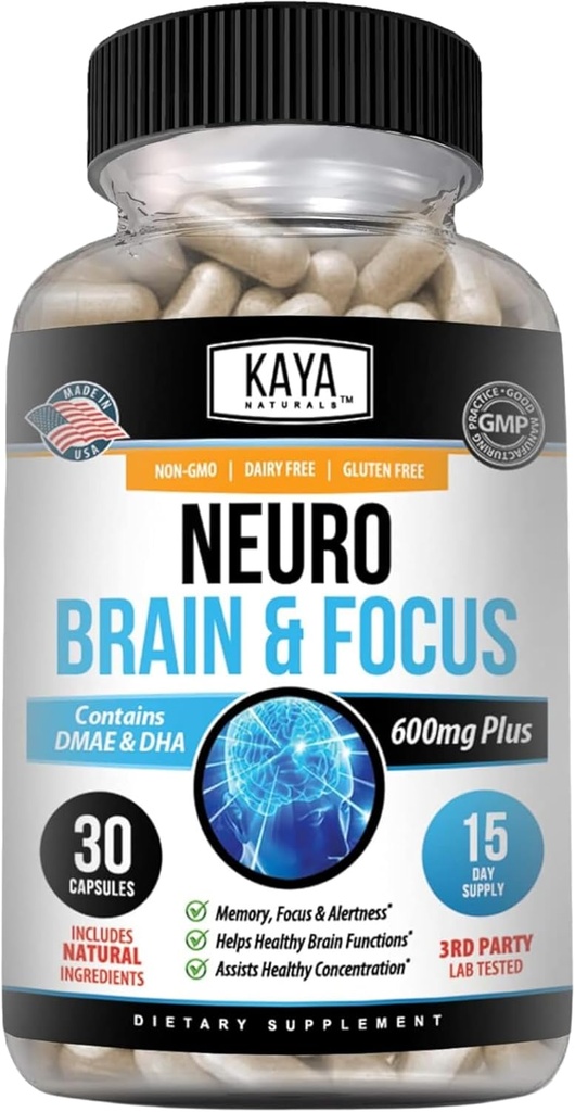 Kaya Naturals - Neuro Brain for Memory & Focus - Nootropic Energy Capsule - Nootropic Brain Support Supplément - Focus & Concentration & Apprentissage Précision - Fonction cognitive - 30 Compte