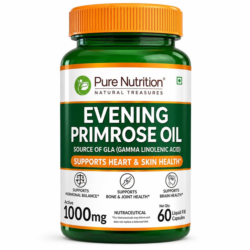 Pure Nutrition Evening Primrose Oil Capsules | Pure & Cold Pressed Primrose Oil Capsules | Evening Primrose Oils | Supplement for Hormonal Balance, Immunity & Skin Health | Supports Joint & Brain Health - 60 Liquid Fill Capsule