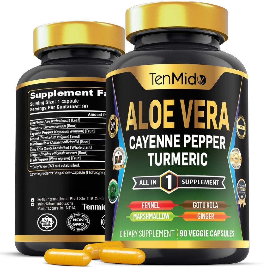 Aloe Vera Capsules Supplement - Formule 8in1 - Combiner avec Turmeric, Cayenne Pepper, Marshmallow, Fennel, Gotu Kola, Ginger et Black Pepper - 90 Capsules pour 3 mois d'approvisionnement