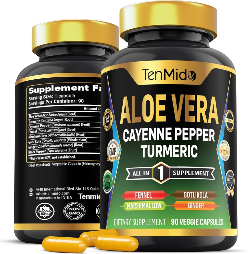 Aloe Vera Capsules Supplement - Formule 8in1 - Combiner avec Turmeric, Cayenne Pepper, Marshmallow, Fennel, Gotu Kola, Ginger et Black Pepper - 90 Capsules pour 3 mois d'approvisionnement