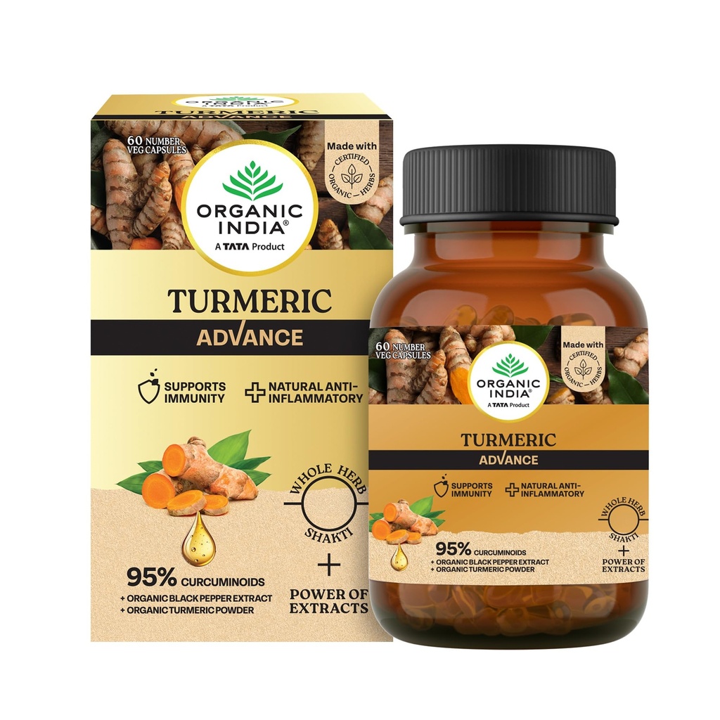 Organic India Turmeric Advance Capsules, 60 Veg Capsules, 95% Curcuminoids, With Black Pepper Extract, Joint Support, Anti-Inflammatory & Immunity Booster