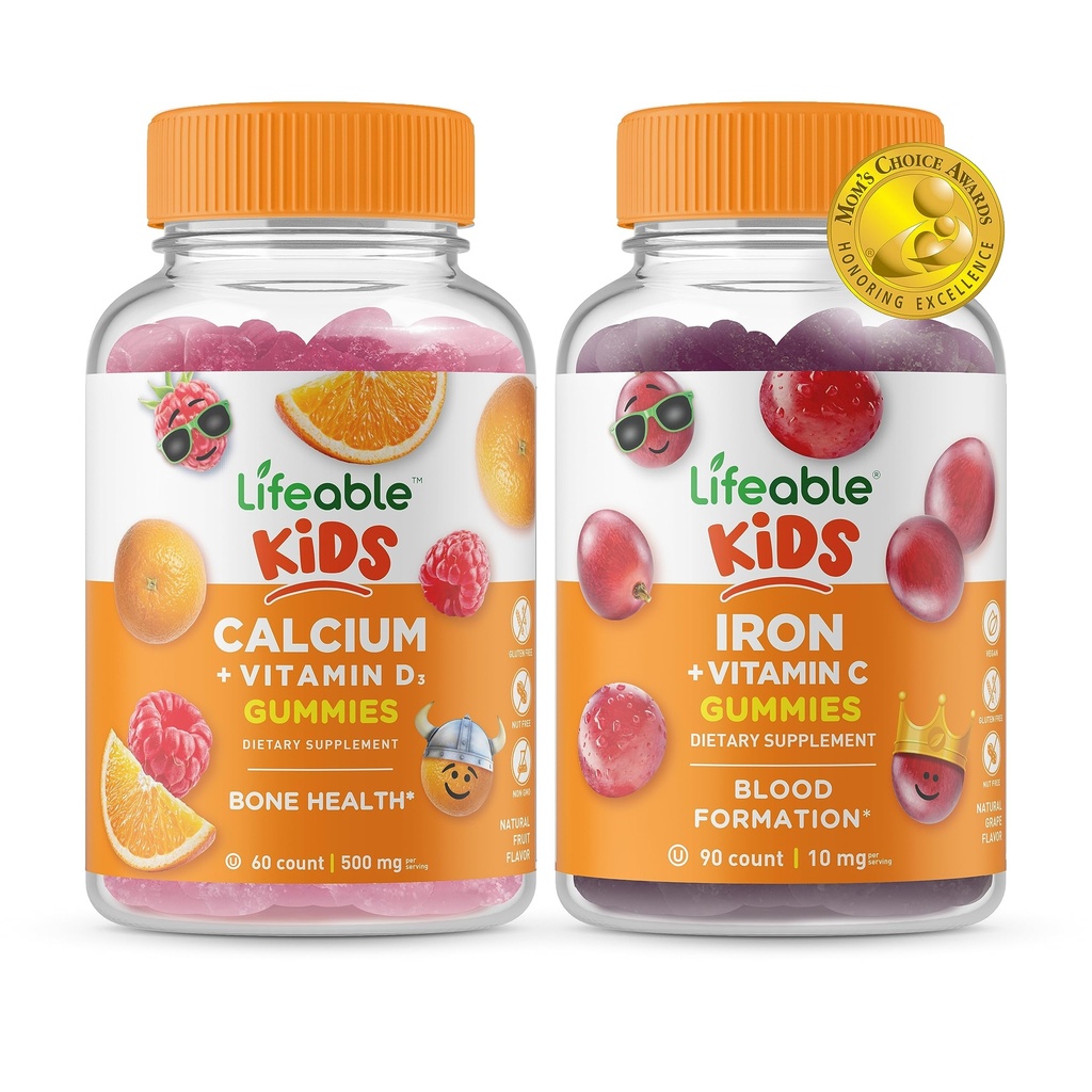 Calcium vivace avec Vitamine D Enfants + Fer et Vitamine C Enfants, Gommies Bundle - Grande dégustation, supplément de vitamine, sans gluten, sans OGM, Gummy à croquer