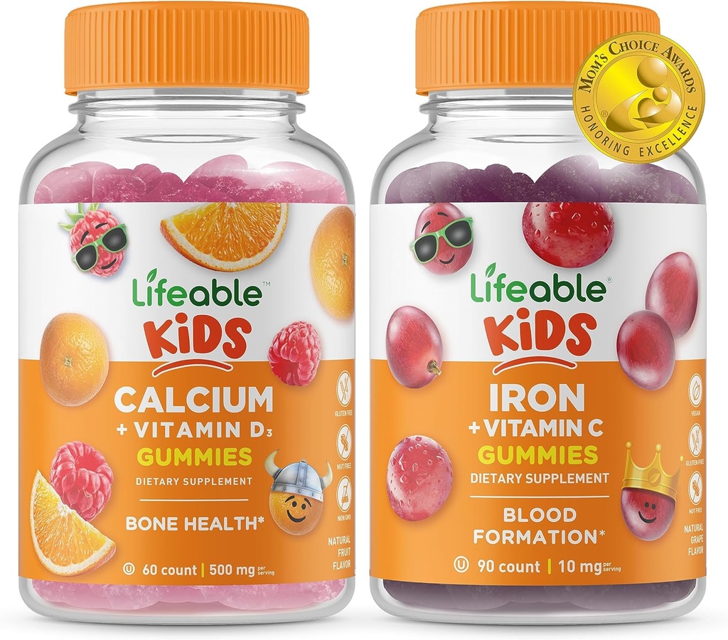 Calcium vivace avec Vitamine D Enfants + Fer et Vitamine C Enfants, Gommies Bundle - Grande dégustation, supplément de vitamine, sans gluten, sans OGM, Gummy à croquer