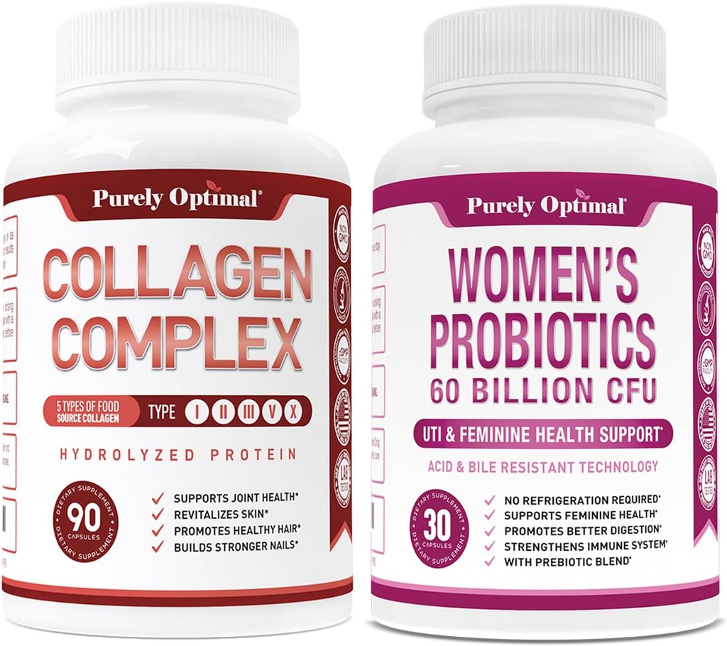 Purely Optimal Premium Capsules de Peptides Multi Collagène (Types I, II, III, V, X) + Probiotiques Premium pour les femmes - 60 Million CFU, Dr. Formulé Prébiotiques et Probiotiques pour les femmes