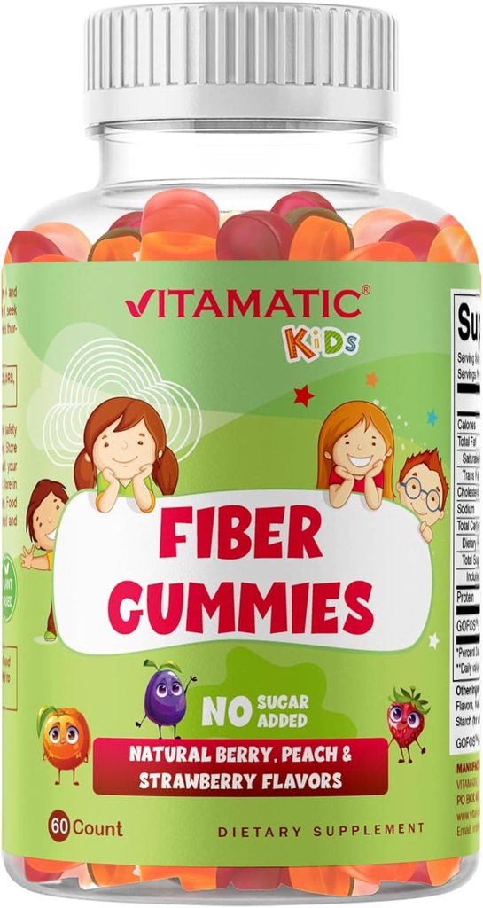 Enfants Vitamatic Gommies de fibre prébiotique – Fibre supplémentaire de 4g de force – Zéro sucre ajouté – 60 Gommies à base de pectines – Digestion santé et soutien à la régularité