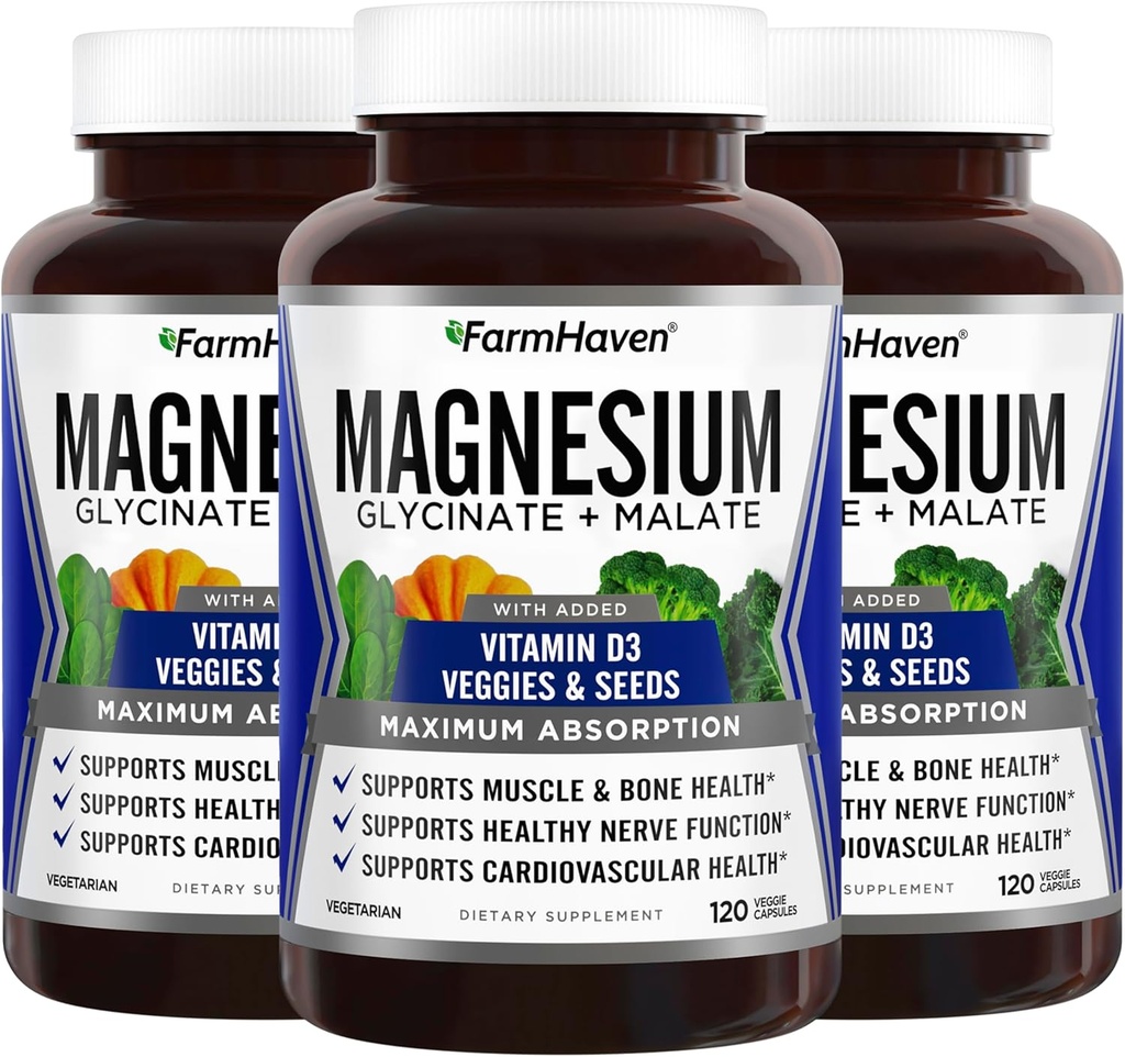 FarmHaven Magnésium Glycinate & Malate Complex w/ Vitamine D3, 100% Chélaté pour l'absorption maximale, végétalien – santé des os, nerfs, muscles, 360 capsules, 180 jours