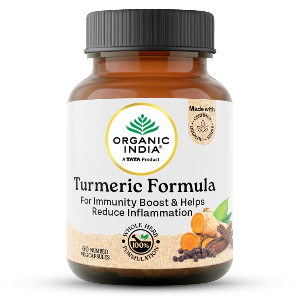 A TATA Product - Organic India Turmeric Formula - 60 Veg Capsules, Natural Anti-Inflammatory, Enhance Immunity, Liver Functions, Improves Metabolism, Skin, Bone & Joint Health, GMP & NPOP Certified