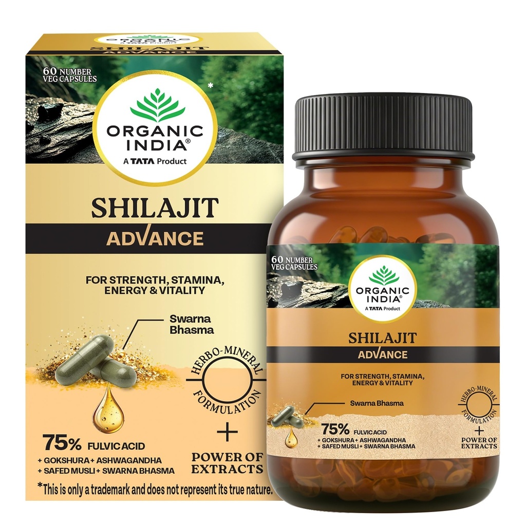 Organic India Shilajit Advance Capsules, 60 Veg Capsules, 75% Fulvic Acid, With Ashwagandha, Gokshura & Safed Musli, Strength, Stamina, Energy & Vitality Support