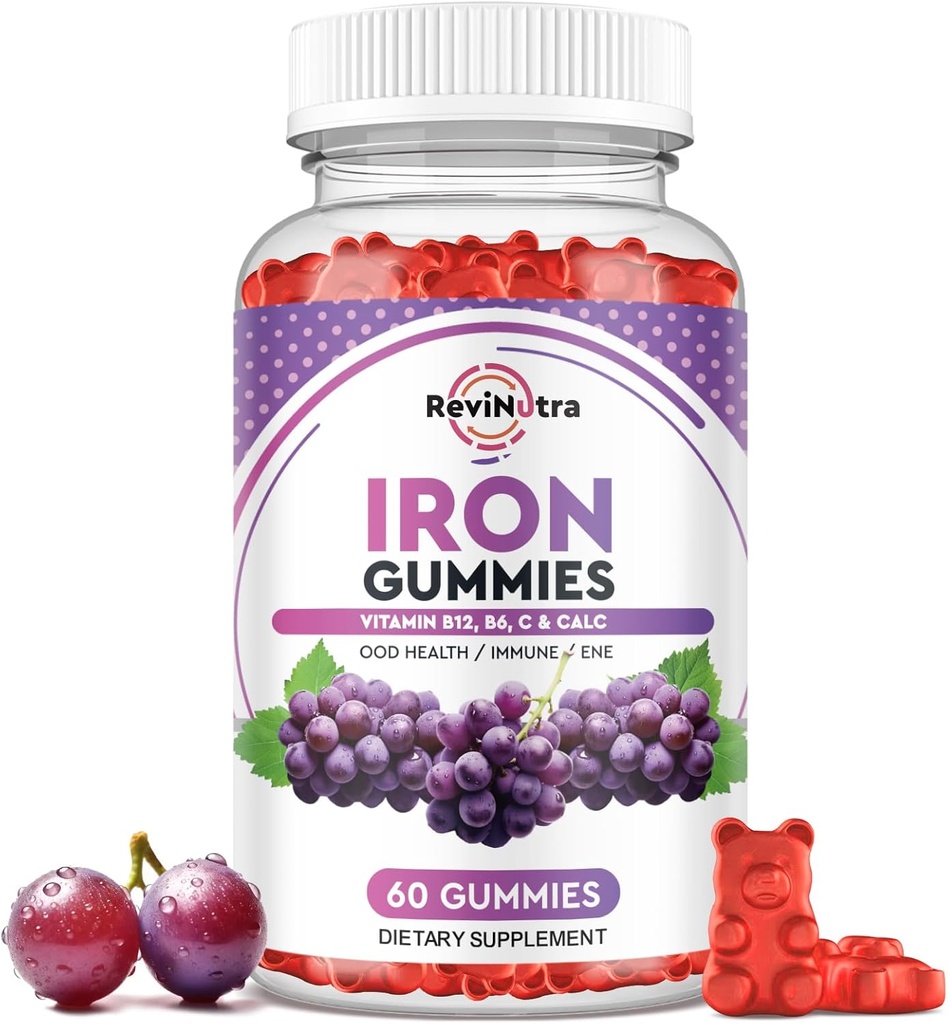 Gommies de fer - avec Calcium, Zinc, Folate et Vitamine B12, C, B6 pour les adultes et les enfants - Constructeur de sang et soutien énergétique pour la carence en fer, Anémie, Vegan - Saveur de raisin,60 Gommies