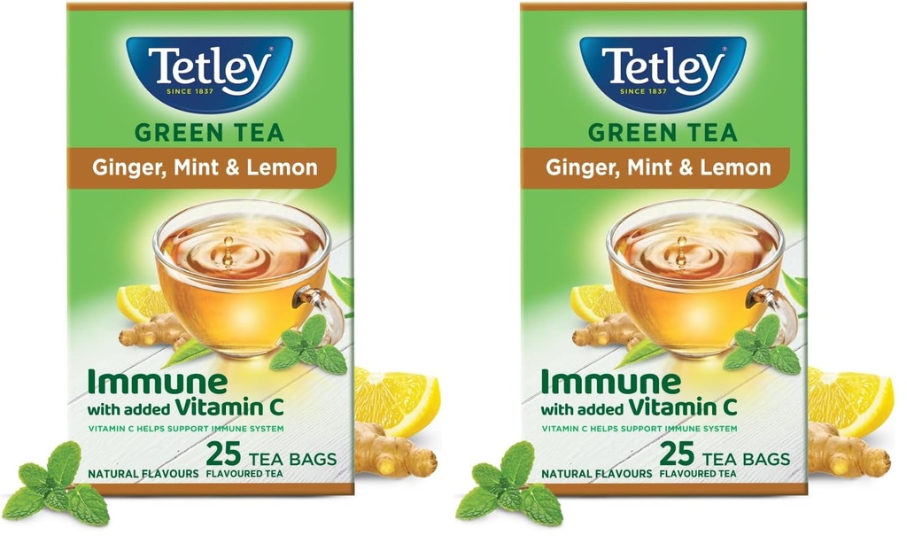 Tetley Green Tea Bags, Ginger Mint Lemon, 25 Tea Bags (Pack of 2)