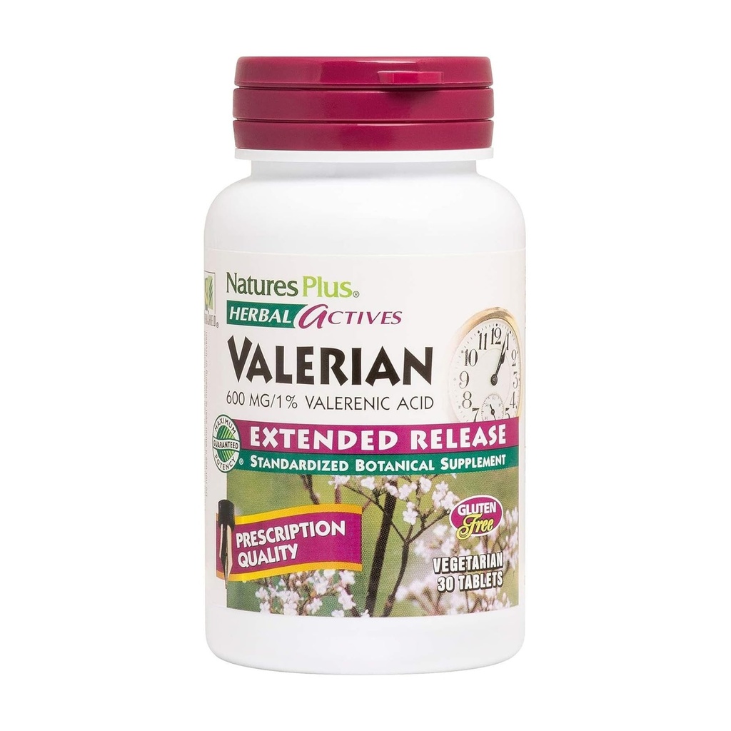 Natures Plus Herbal Actives Comprimés Valérien à libération prolongée - 600 mg, 30 Comprimés végétaliens - Végétariens, sans gluten - 30 portions