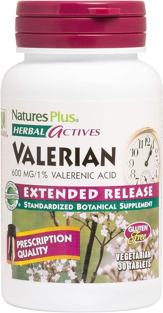 Natures Plus Herbal Actives Valerian Extended Release Tablets - 600 mg, 30 Vegan Tablets - Vegetarian, Gluten-Free - 30 Servings