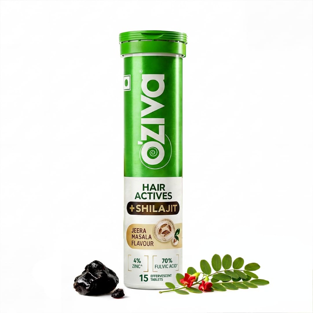 OZiva Hair Actives + Shilajit for Men | Supports Hair Thickness & Density | Hair Fall Supplement with Liposomal SesZen-Bio®, GZen-Zinc™ & Shudh Shilajit | Jeera Masala Flavor | 15 Effervescent Tablets