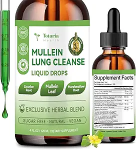 Gouttes de Mullein pour les poumons avec réglisse, racine de marshmallow, chlorophylle, 4 FL.OZ sans sucre Gouttes de Mullein pour la désintoxication pulmonaire, respiratoire et immunitaire bien-être, lung et Bronchial nettoyage pour les fumeurs, pas d'alcool