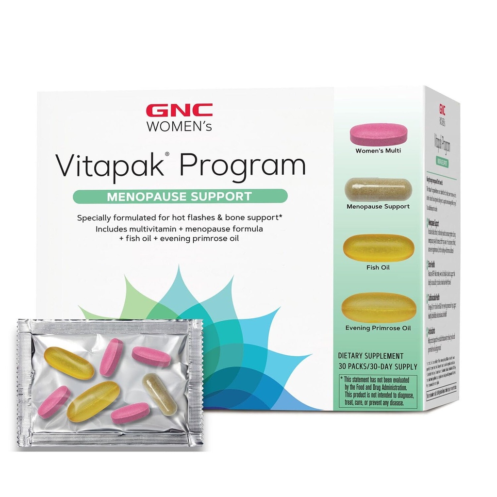 GNC Femmes Soutien à la ménopause Programme Vitapak, Nutrition complète 4 produits en 1, Soutien Flash chaud, Balance hormonale, Coho noir, Huile de Primrose du soir, 30 packs quotidiens