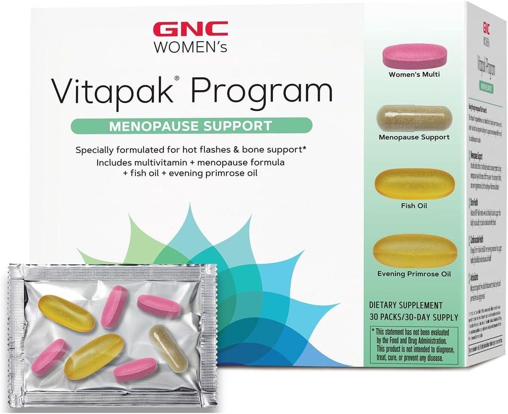 GNC Femmes Soutien à la ménopause Programme Vitapak, Nutrition complète 4 produits en 1, Soutien Flash chaud, Balance hormonale, Coho noir, Huile de Primrose du soir, 30 packs quotidiens