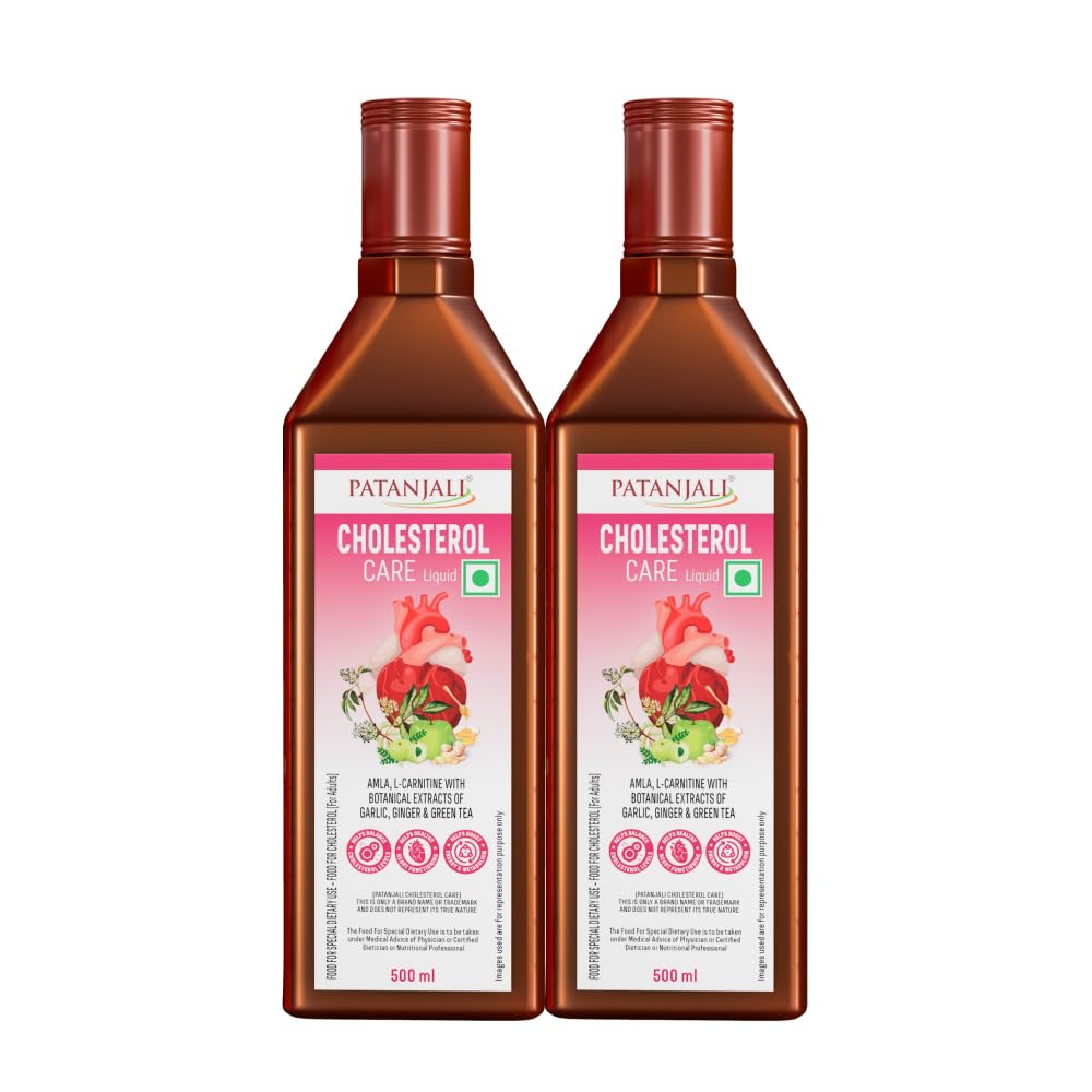 Patanjali Cholesterol Care Liquid | Heart Health Supplement with Amla, L-Carnitine & Garlic | Plant-Based & Vegetarian | 500ml (Pack of 2)