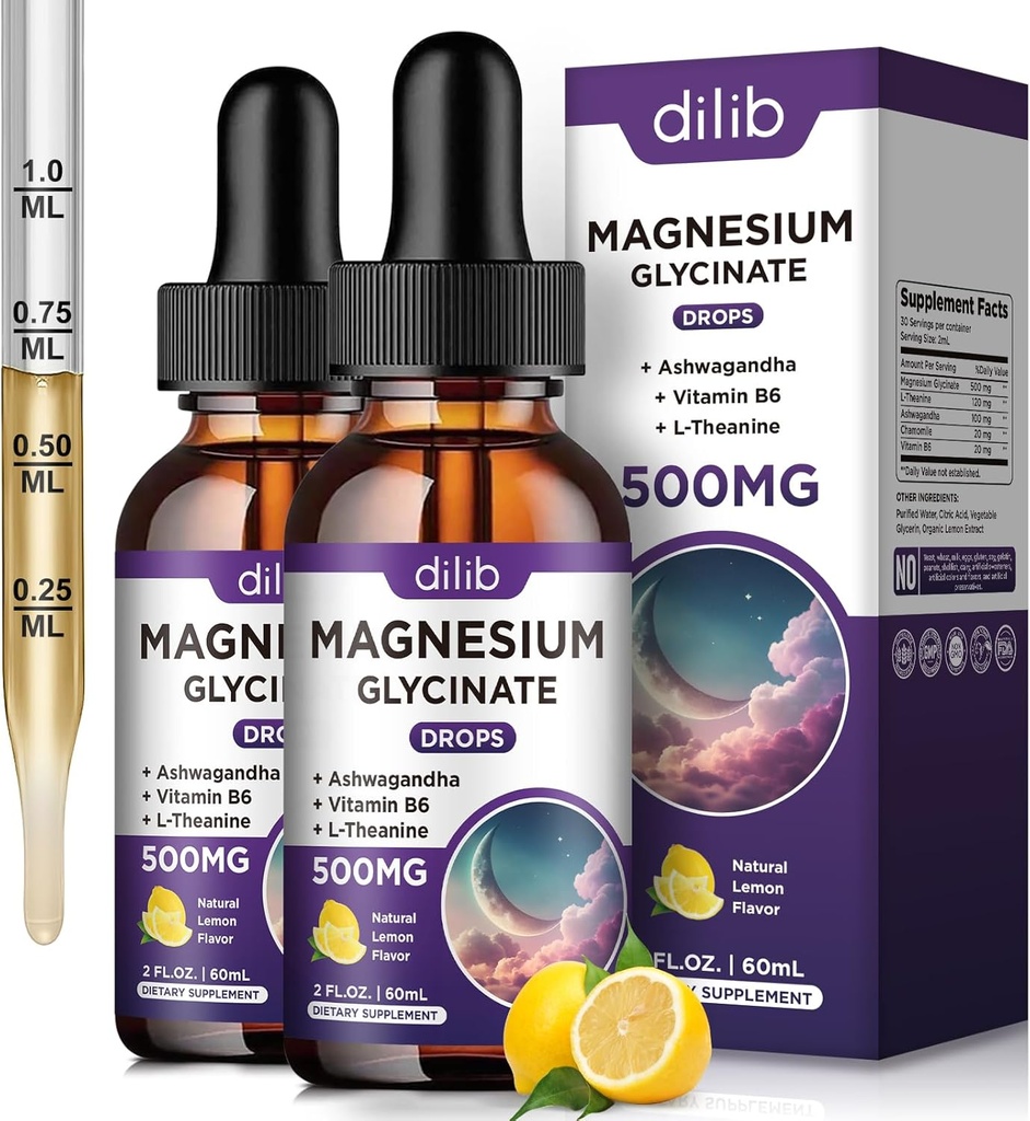 Supplément de Glycinat de magnésium, gouttes liquides de magnésium avec Glycinat de magnésium 500mg Vitamine B6, Ashwagandha, L - Theanine, Camomille -Support anti-stress, os, Muscle, Mood Vegan (paquet de 2)