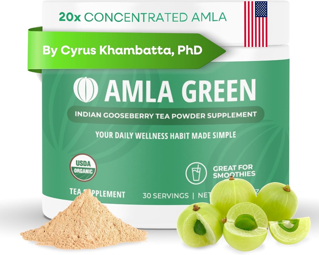 Amla Powder & Green Tea Superfood Supplement, 20x Ultra Concentré Amla, Antioxydant Support, Fabriqué avec Oolong Tea et Gooseberries indiennes, Organique, Vegan, Arôme classique, 30 portions