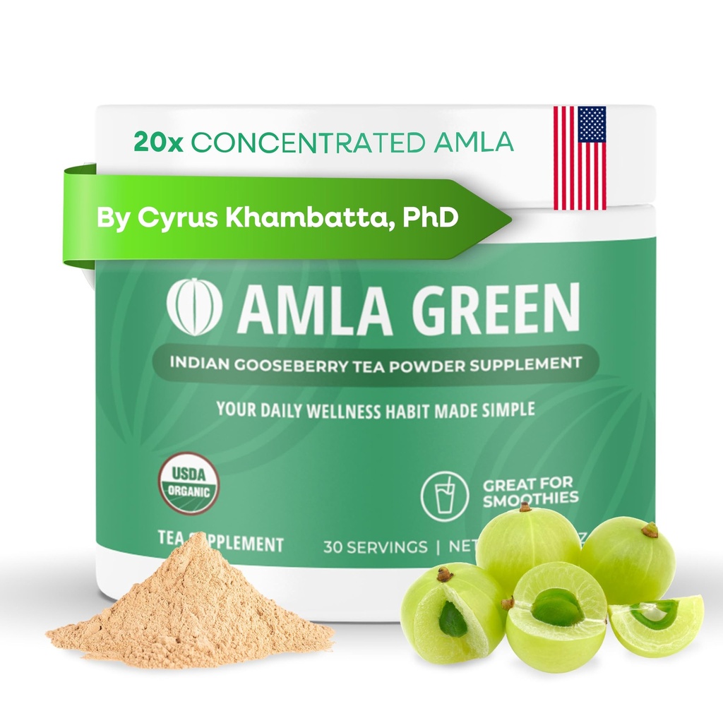 Amla Powder & Green Tea Superfood Supplement, 20x Ultra Concentré Amla, Antioxydant Support, Fabriqué avec Oolong Tea et Gooseberries indiennes, Organique, Vegan, Arôme classique, 30 portions
