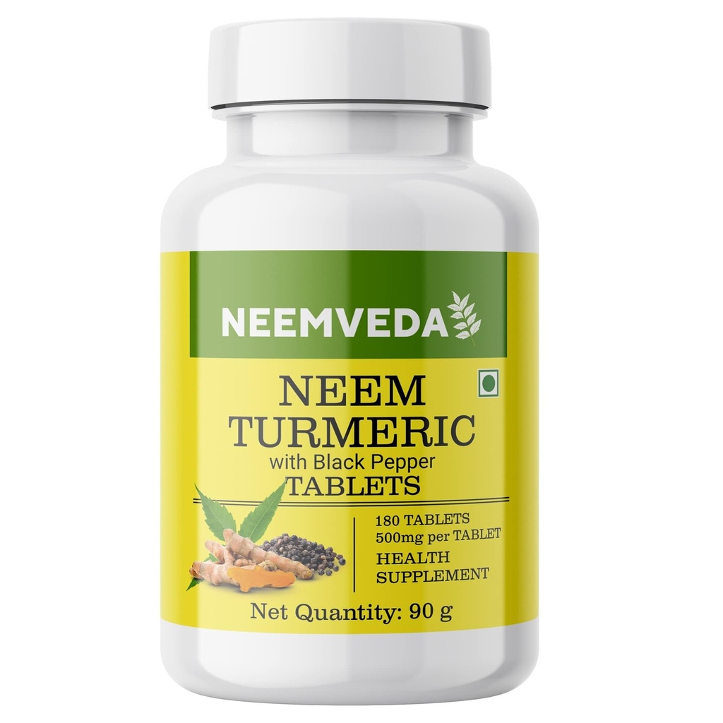 Neem Turmeric with Black Pepper 180 Tablets, Made with Pure Turmeric Root Powder and Neem Leaf Powder, Detox Tablet