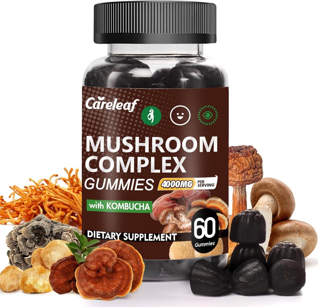 9 en 1 Gommies de champignons avec la Mane de Lion pour les suppléments de focus et d'énergie pour soutenir le système immunitaire Boost Mood & Energy 60 Comte Kombucha Flavor