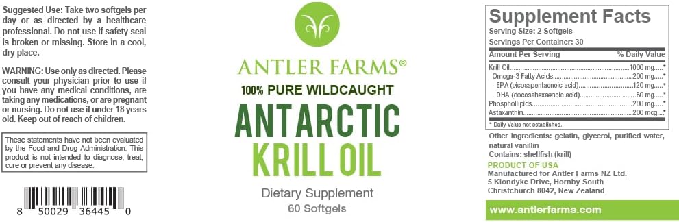 Antler Farms - 100 % de l'huile de krill de l'Antarctique prise sauvage à partir d'eau froide, Pristine, 60 Softgels – propre, Omega-3 EPA + supplément DHA avec/Astaxanthin, absorption rapide