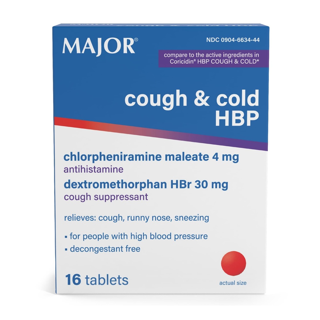 Comprimés principaux de Toux et de PHB froid - Antihistaminique et suppresseur de Toux pour les personnes ayant une pression artérielle élevée - Dextrométhorphane HBr, Maléate de chlorphéniramine - 16 Compte (1 paquet)