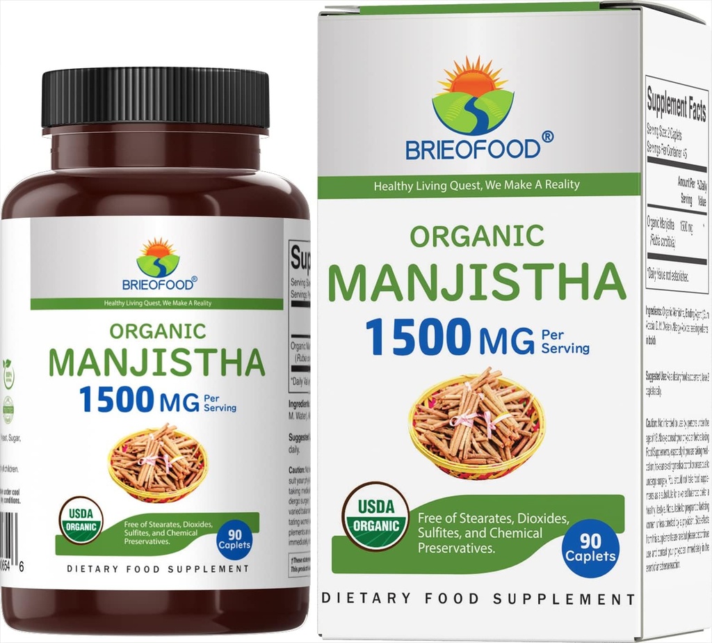 Brieofood Organic Manjistha 1500mg, 45 portions, végétarien, sans gluten, 90 comprimés végétariens