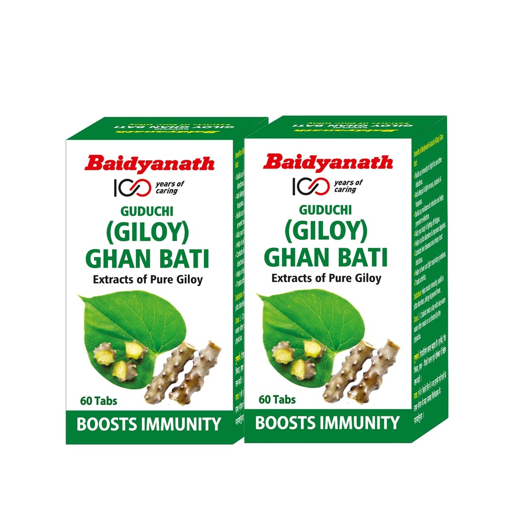 Baidyanath Giloy Ghan Bati 60 Tablets | Boosts Immunity & Digestion | Ayurvedic Guduchi Tablets for Fever, Detox, Acidity & Skin | Herbal Supplement for Health & Wellness | (Pack of 2)