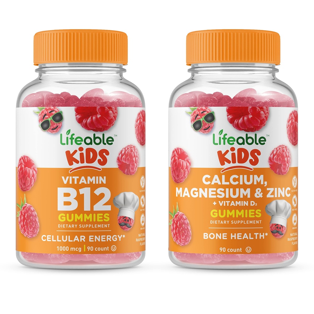 Vitamine vivante B12 Enfants + Calcium Magnésium et zinc Enfants, Gummies Bundle - Grande dégustation, supplément de vitamine, sans gluten, sans OGM, gummy à croquer