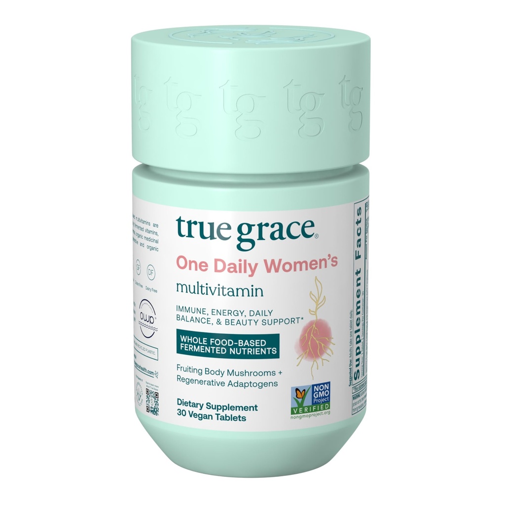 True Grace One Daily Femmes Multivitamine Fermented Minerals, Organic Adaptogens & Champignons Balance du corps entier, Immune, Énergie, Beauté Support - Non-OGM, Sans gluten, Sans soja - 30 comprimés végétaliens