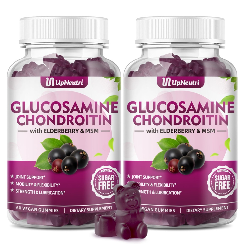 GGlucosamine Chondroïtine Gommies Sans sucre, Extra Strength 1500mg Glucosamine avec Chondroïtine MSM & Turmeric, Supplément de soutien conjoint pour la santé conjointe des hommes et des femmes (120 comte (paquet de 2))