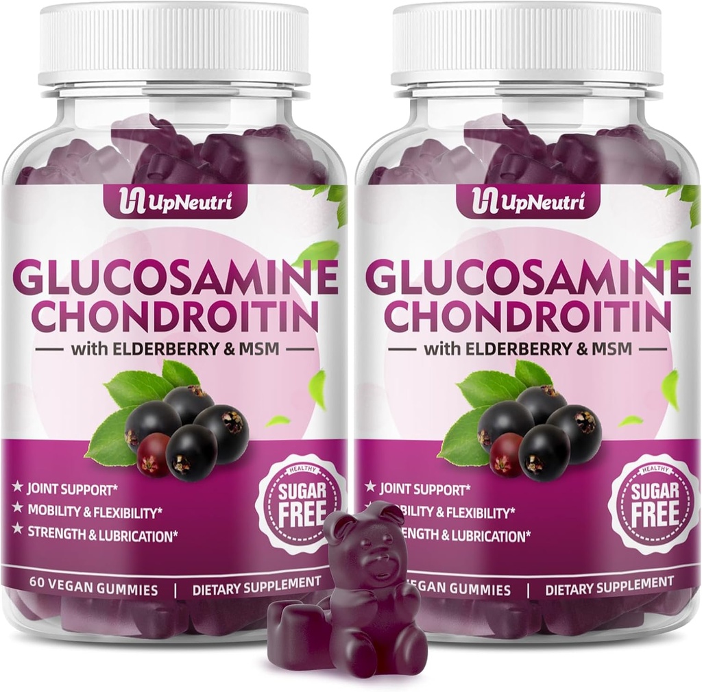 GGlucosamine Chondroïtine Gommies Sans sucre, Extra Strength 1500mg Glucosamine avec Chondroïtine MSM & Turmeric, Supplément de soutien conjoint pour la santé conjointe des hommes et des femmes (120 comte (paquet de 2))