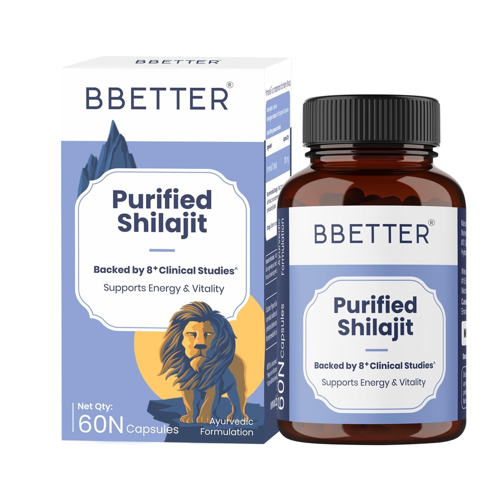 BBETTER Purified Shilajit with PrimaVie® | Clinically Studied Shilajit Extract | Supports Energy, Stamina, Strength & Healthy Testosterone Levels | Lab Tested | 60 Capsules