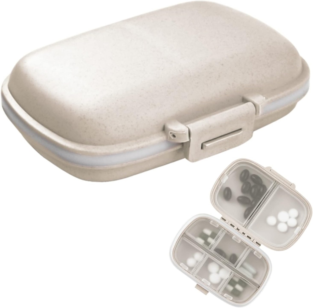 1Pack organisateur de pilules de voyage, 8 compartiments cas de pilule portable, petite boîte à pilules pour la purse de poche médicament portable contenant de la vitamine beige