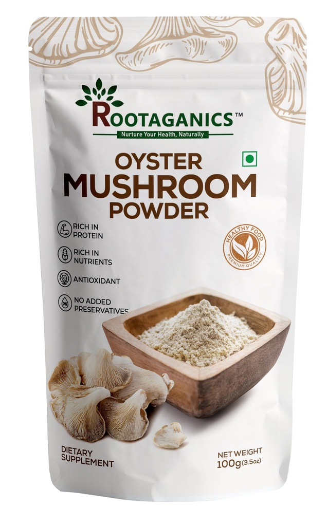 Rootaganics Organic Oyster Mushroom Powder 100g | 100% Pure, No Additives | Rich in Beta-Glucans & Natural Umami | Plant Protein & Fiber | For Soups, Gravies, Smoothies, Tea | Vegan & Lab-Tested
