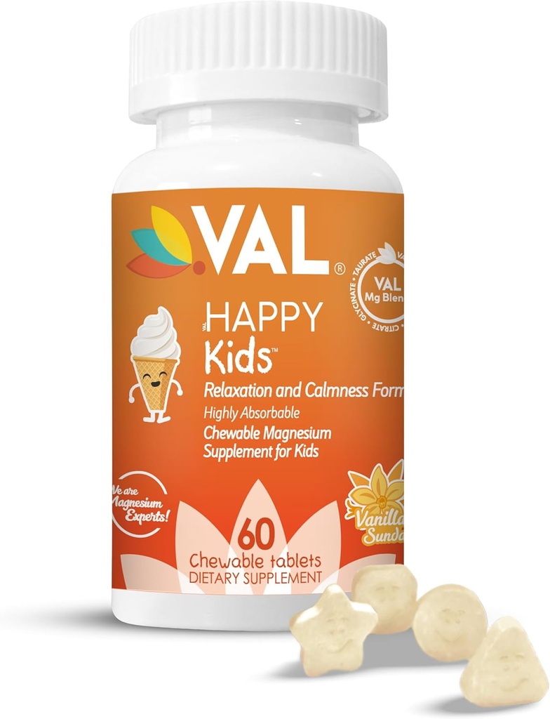 Magnésium VAL pour les enfants, Magnésium à haute absorption pour le calme, Relaxation, Focus, Glycinat de magnésium, Citrate, Taurat comprend vitamine B6, D, C-Sans sucre, Vanille - 60 comprimés à croquer (paquet de 1)