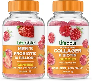 Probiotique pour homme vivace 10 milliards + collagène et biotine, Gummies Bundle - Grande dégustation, supplément de vitamine, sans gluten, sans OGM, gummy à croquer