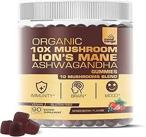 Gummées de champignons de la Mane biologique 10X pour enfants adultes (4350mg) - Supplément quotidien sans gluten Mélange complexe avec Reishi Turquie Tail Shiitake