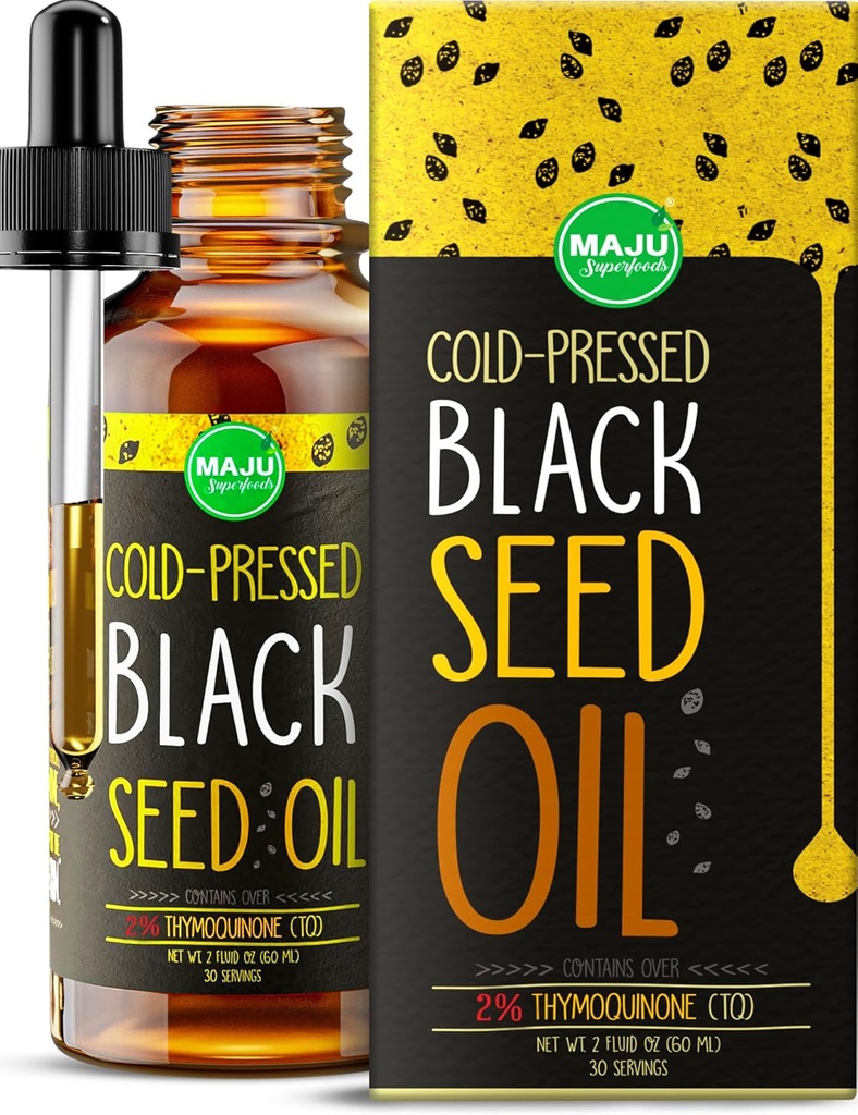 Maju Superfoods Black Seed Oil - 3 Times TQ, Cold-Pressed, Travel Size, 100% Turkish Black Cumin Seed Oil, Liquid Pure Blackseed, Glass Bottle, 2 Oz