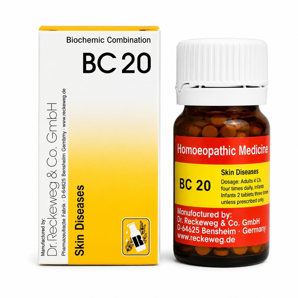 BC 20 Skin Care Tablets | Biochemic Combination for Skin Diseases, Acne, Pimples, Eczema & Itching Relief | Homeopathic Medicine for Healthy Skin Support | 20g Bottle