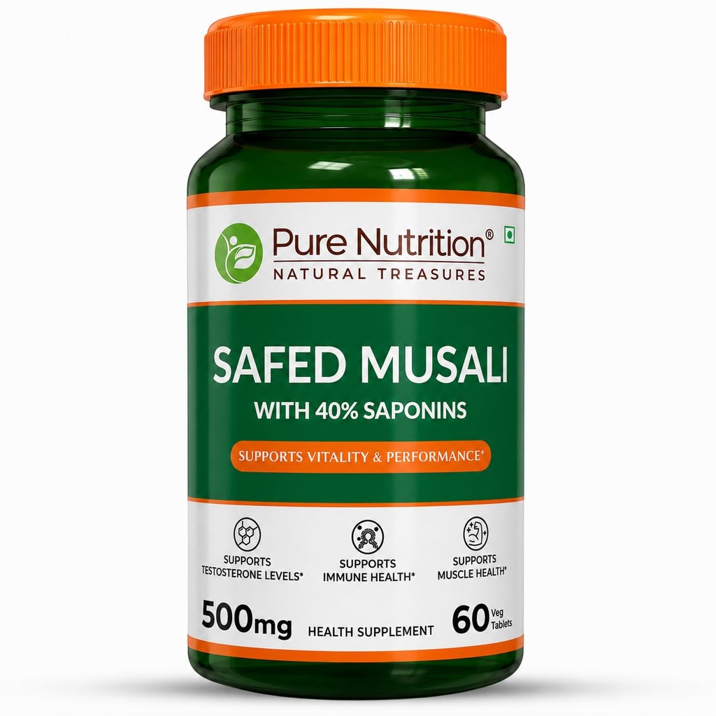 Pure Nutrition Safed Musali Tablets | Safed Musli Tablets 500mg | Ayurvedic Herbal Supplement for Muscle Strength, Stamina, Immunity, Energy & Endurance - 60 Veg Tablet