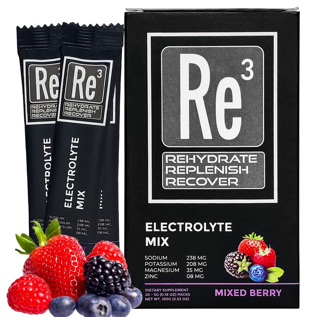 Re3 - Réhydrater - Réapprovisionner - Récupérer les paquets de poudre d'électrolyte. Pas de sucre, 7 Cal, 1,4 glucides. Le meilleur mélange de vitamines et minéraux (Berry mélangé)